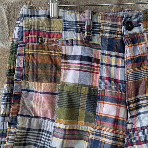 VTG Y2K AEO Madras Plaid Patchwork Shorts Flat Front Size 34 - Picture 2 of 10